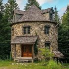 Round two-story cottage with conical roof and ivy-covered walls in lush green setting