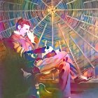 Colorful Digital Artwork: Man Reading with Neon Cosmic Brain Activity