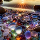 Tranquil sunset over surreal landscape of glistening pebbles