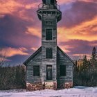 Tall wooden house with lighthouse tower in snowy landscape at dusk