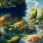 Tranquil river landscape with lush vegetation and vibrant flowers