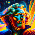 Colorful portrait of a man with flowing curls in cosmic setting