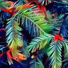 Colorful Tropical Floral Pattern with Green Leaves on Dark Background