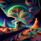 Surreal landscape with face in colorful swirls under starry sky