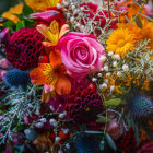 Colorful Flower Bouquet with Red Gerberas, Pink Roses, and Yellow Blossoms on Dark