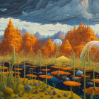 Surreal landscape with swirling skies, orange trees, serene lake, cabin, and blue mountains