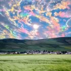 Colorful Digital Artwork: Rolling Green Hills and Radiant Sun