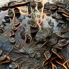 Detailed high-resolution image of interwoven liquid strands resembling molten metal with glass-like bubbles.