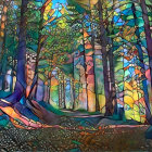 Colorful Forest Scene with Pathway and Vibrant Hues