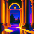 Classical Pillared Hallway in Blue and Orange Glow