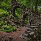 Moss-covered stone bridge in lush forest with sun rays filtering through trees