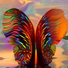 Colorful digital artwork of a stylized peacock in sunset sky with clouds.