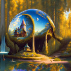 Surreal landscape with crystal ball showing alternate scene of houses on grassy hill in golden forest under