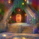 Intricate Fantasy Staircase with Glowing Lanterns and Greenery