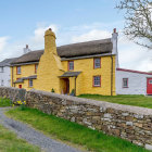 Yellow countryside house with red door, white picket fence, blooming tree, stone wall, and