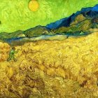 Vibrant stylized landscape with golden wheat field and rolling hills