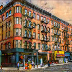 Vintage architecture, classic car, and pedestrians in urban setting at dusk