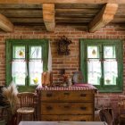 Cozy Rustic Interior with Exposed Brick Walls and Fluffy Cat