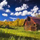 Autumn landscape: wooden cabin, yellow trees, blue sky, flower meadow