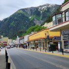 Snow-capped peaks backdrop picturesque mountain town