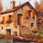 Autumn-themed house with orange shutters near tranquil water body