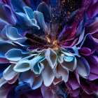 Colorful digital flower art with neon blue and purple hues and star-like particles for a cosmic effect