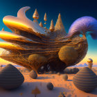 Surreal 3D landscape with golden hues and intricate textures