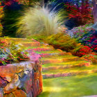 Vibrant flower garden with stone staircase in warm sunlight