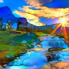 Vibrant sunset over mountainous landscape with flowing river