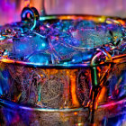 Colorful iridescent drum with rainbow hues under bright light