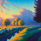 Colorful sunset sky over serene landscape with river, trees, and figures walking