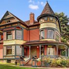 Victorian house in sunlight with lush gardens