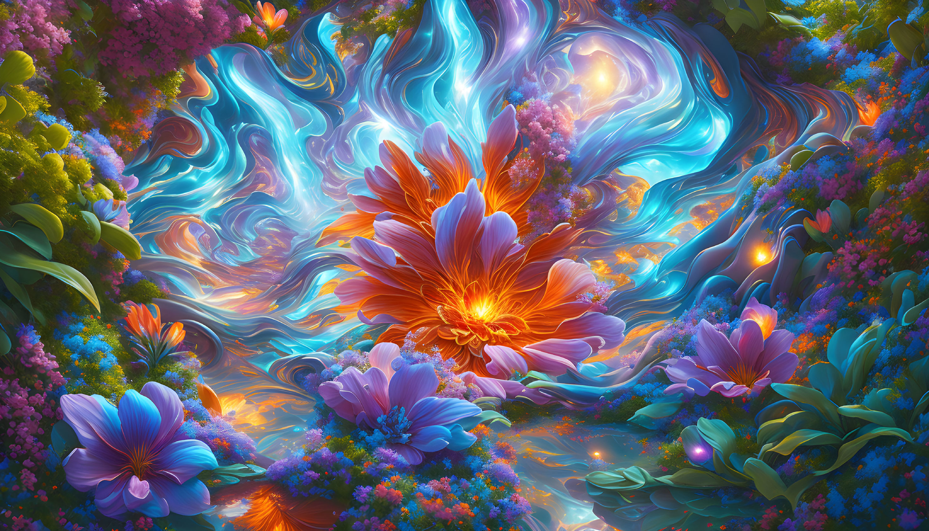 Colorful surreal flower garden with magical energy swirls