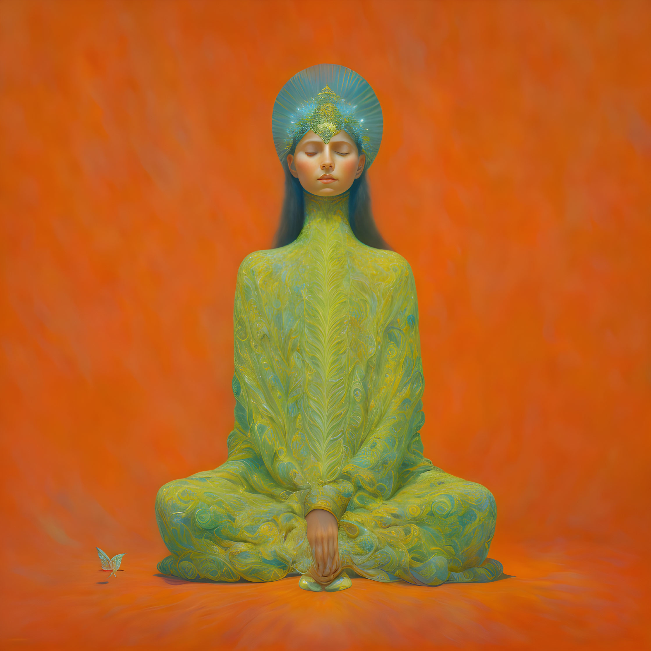 Meditative person in golden attire on orange backdrop with butterfly