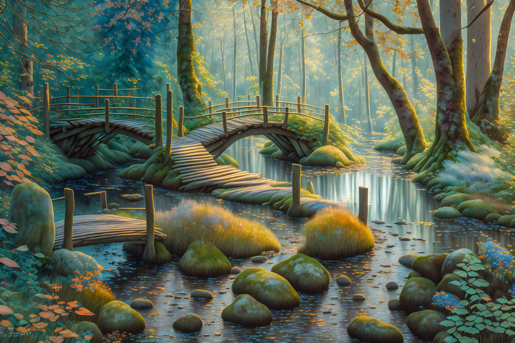 Tranquil woodland stream under wooden bridge in warm light