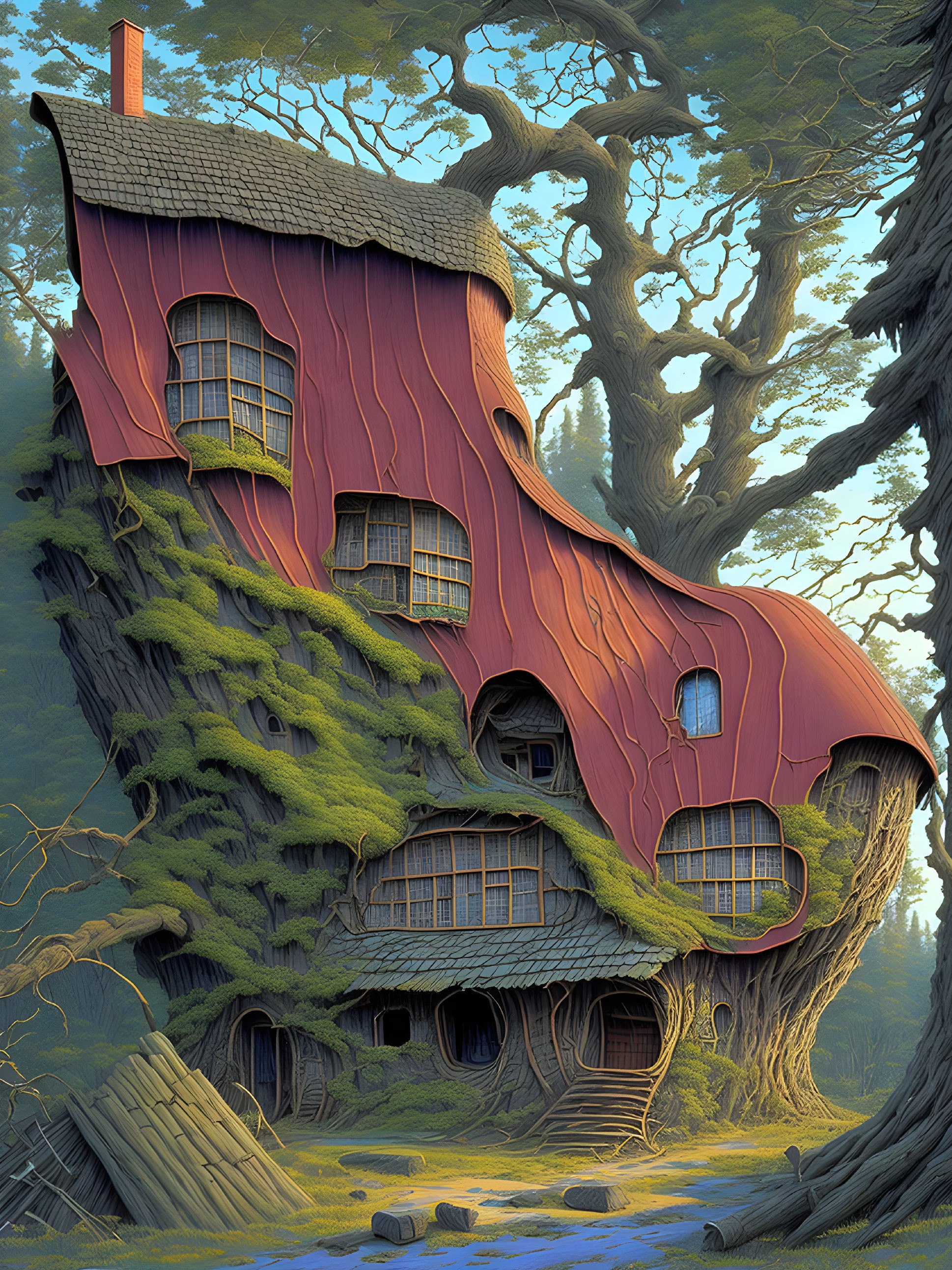 Illustration of multi-level house with red roof in enchanted forest