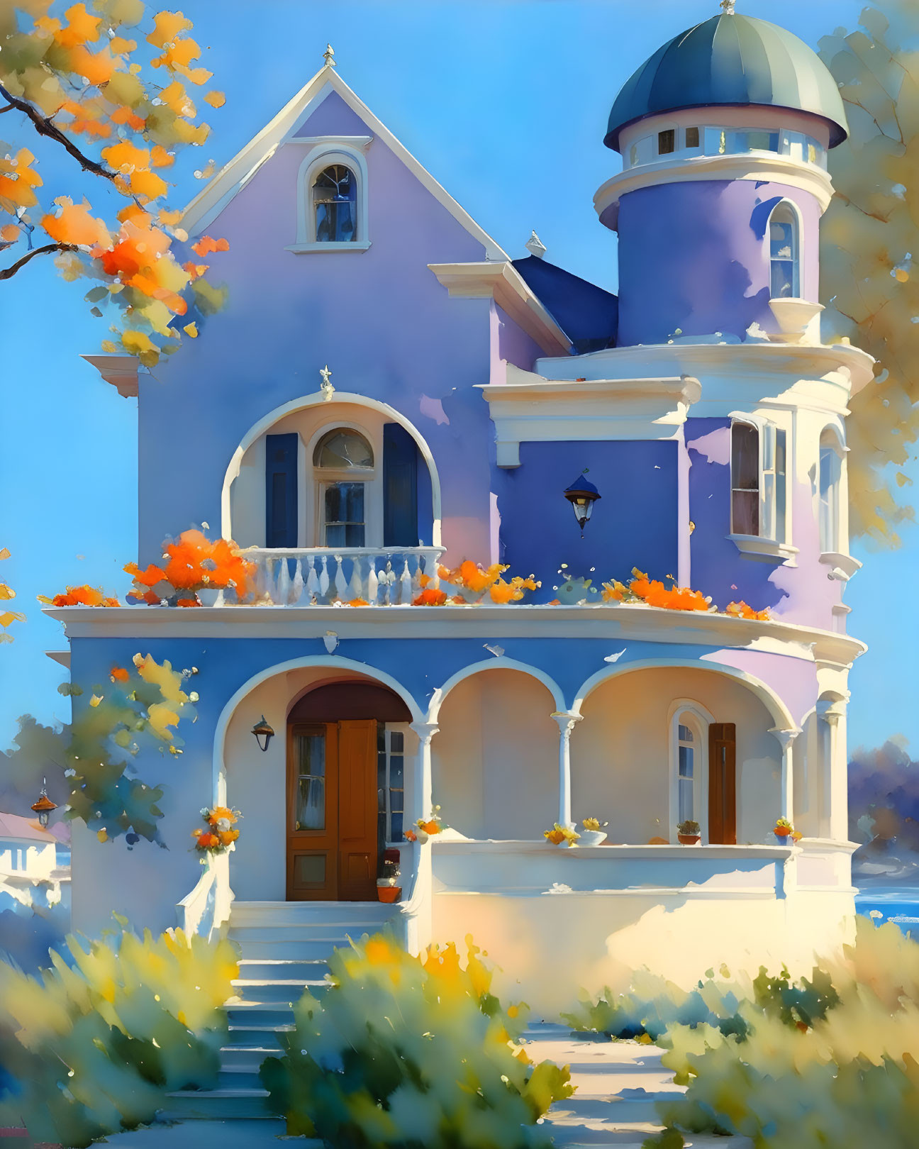 Purple Victorian House with Dome Surrounded by Autumn Foliage