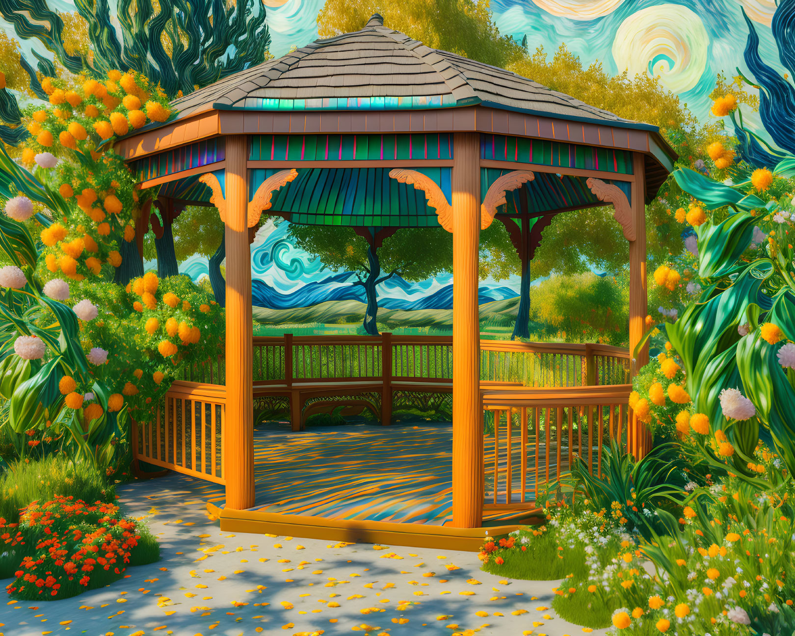 Vibrant Garden with Wooden Gazebo and Whimsical Sky