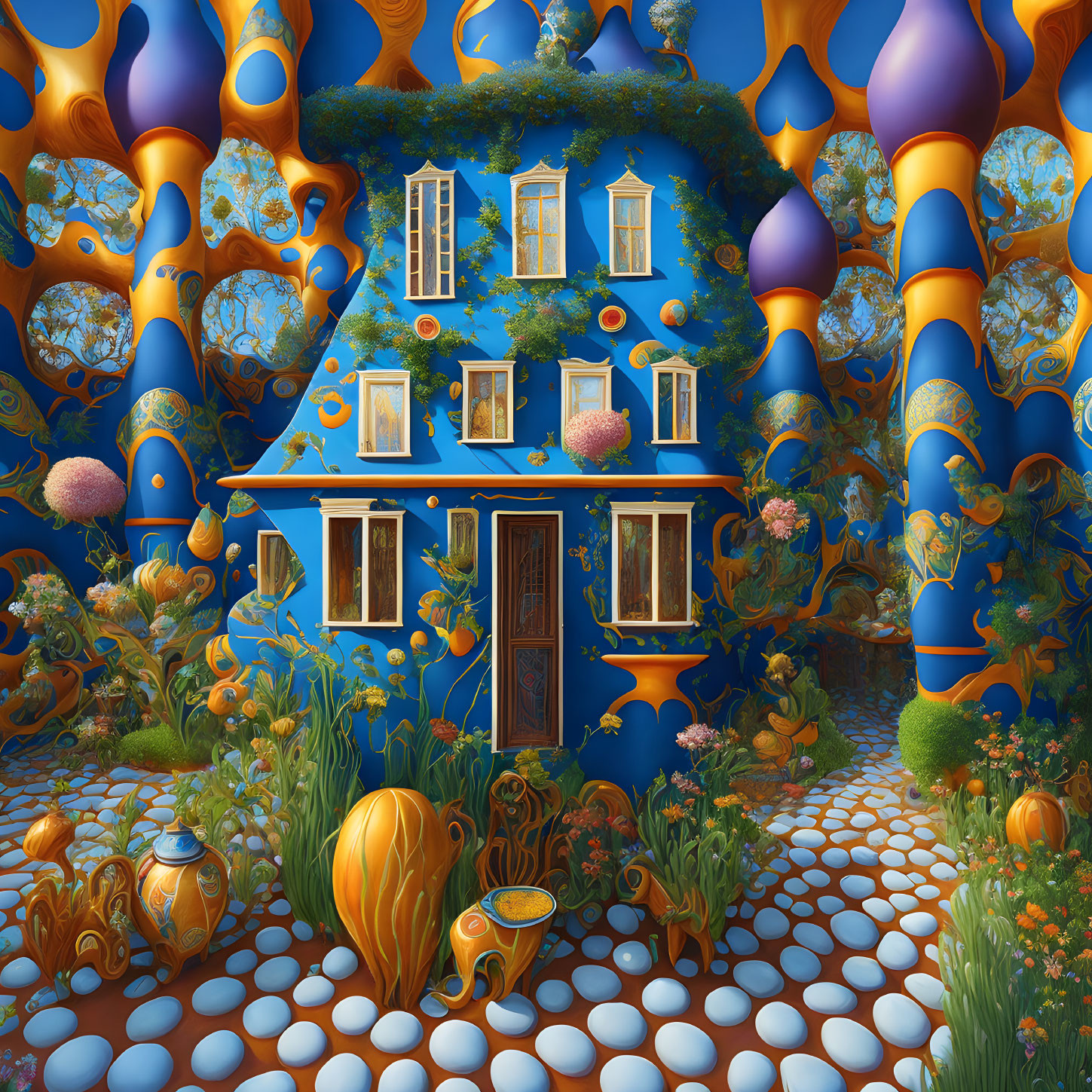 Whimsical Blue House in Surreal Garden with Oversized Mushrooms