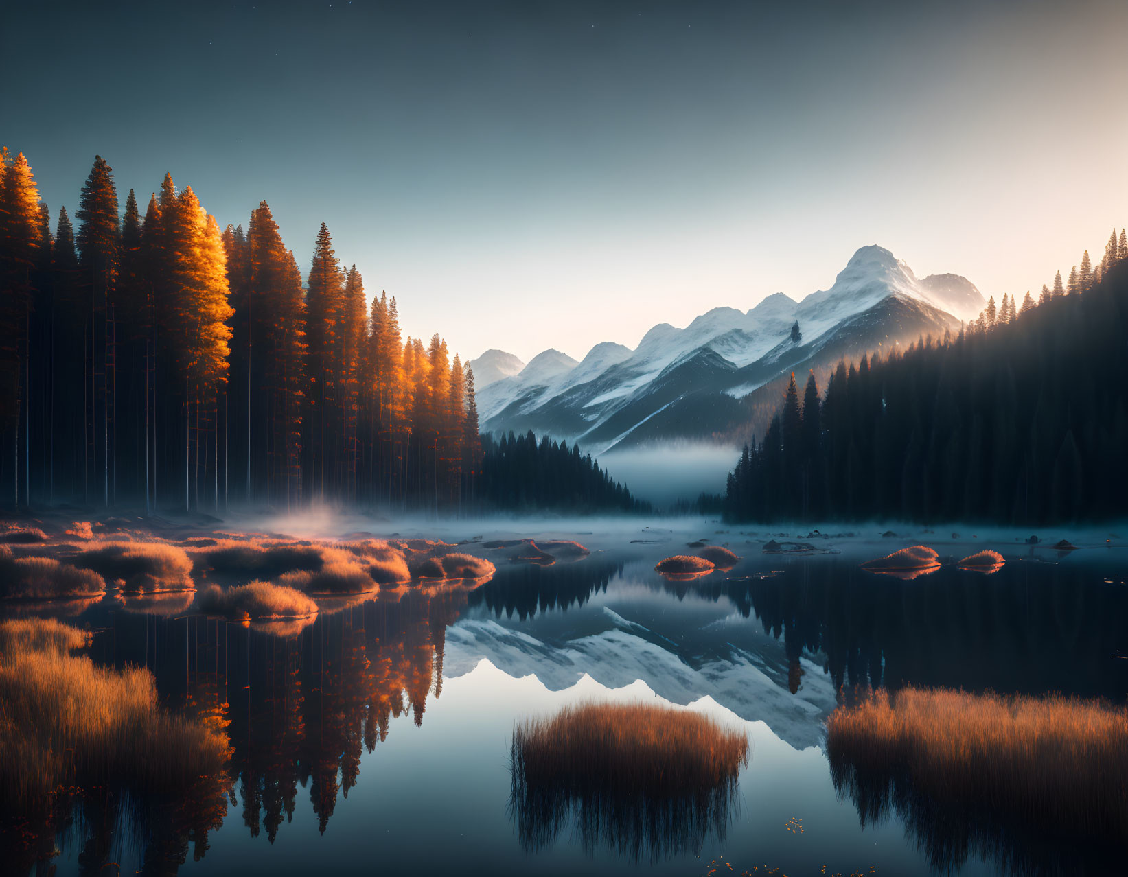 Tranquil Alpine Lake with Pine Forest and Snow-Capped Mountains at Dawn