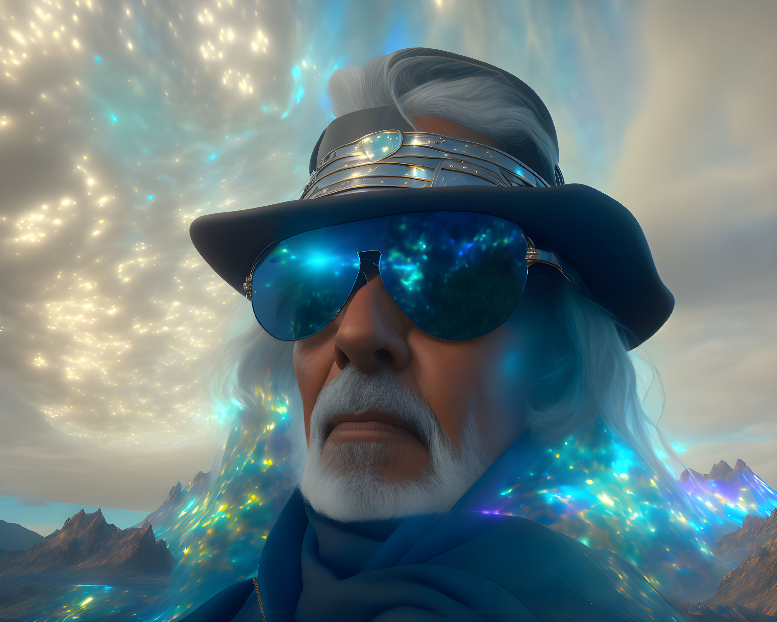 Silver-Haired Man in Futuristic Goggles and Blue Scarf Against Surreal Sky