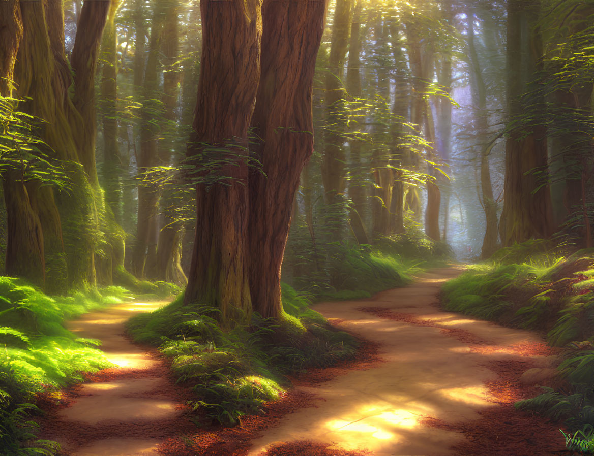 Tranquil forest path with sunlight filtering through tall trees