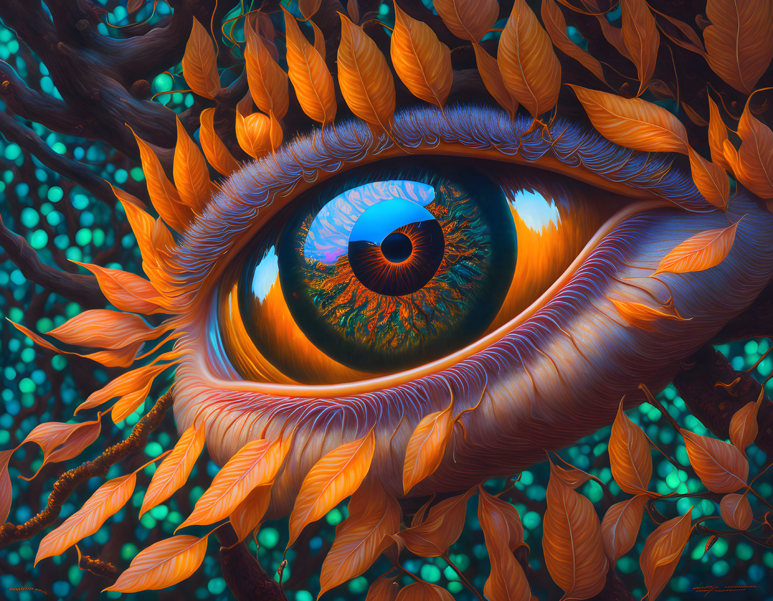 Surreal illustration: Giant eye with autumnal leaves, mystical blue forest