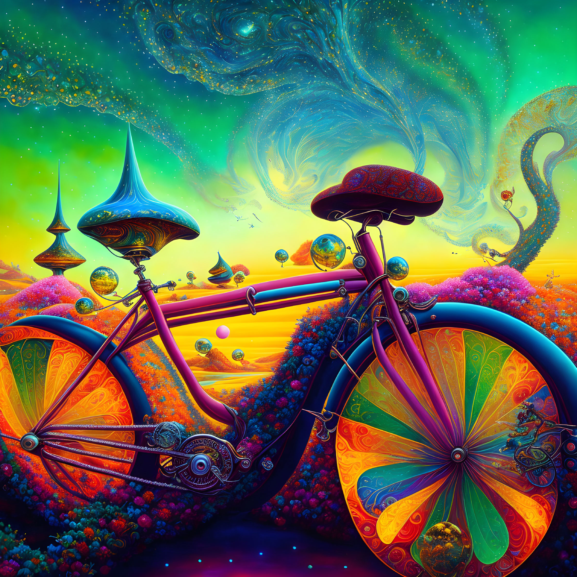 Colorful Psychedelic Bicycle Illustration on Fantasy Landscape