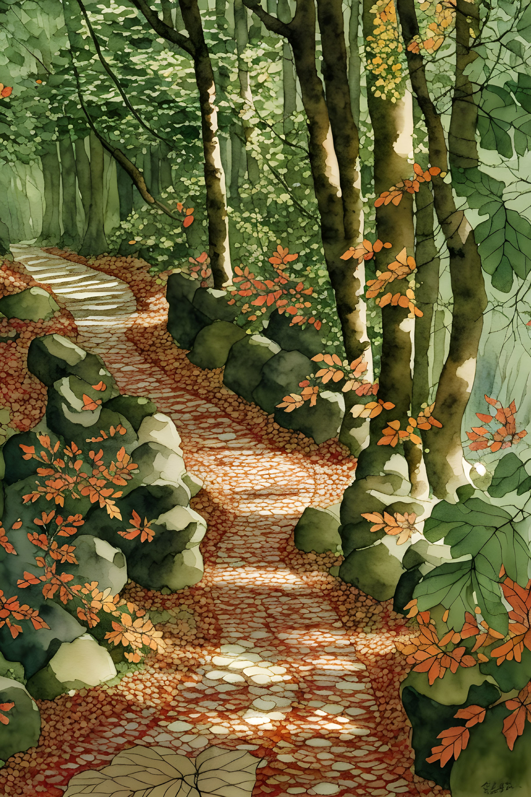 Tranquil Watercolor Forest Path with Sunlight Filtering Through Trees