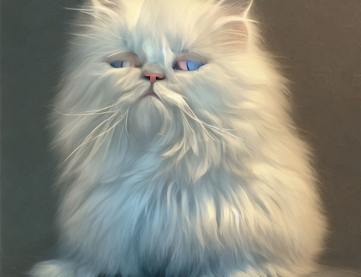 Fluffy White Persian Cat with Blue Eyes and Grumpy Expression