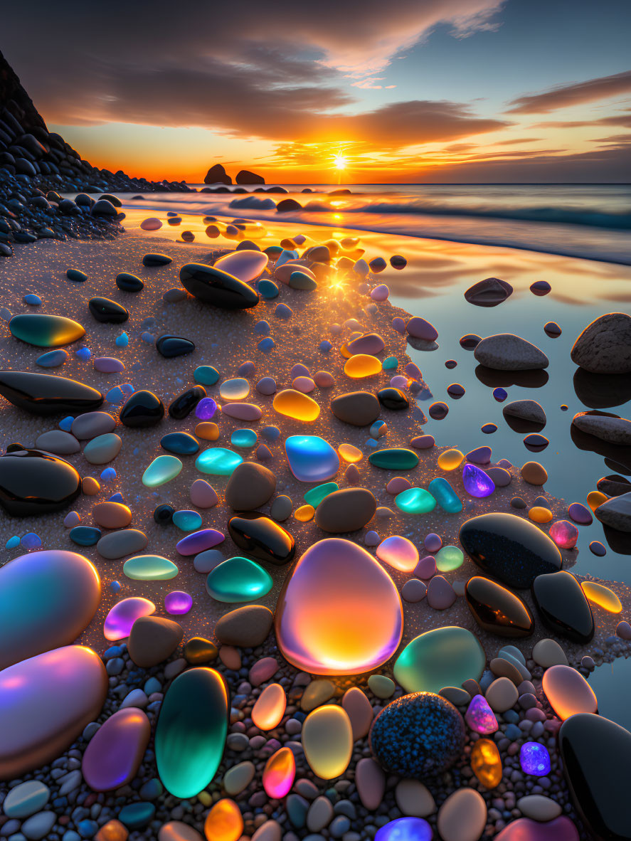 Vibrant Sunset Reflections on Colorful Pebble Beach