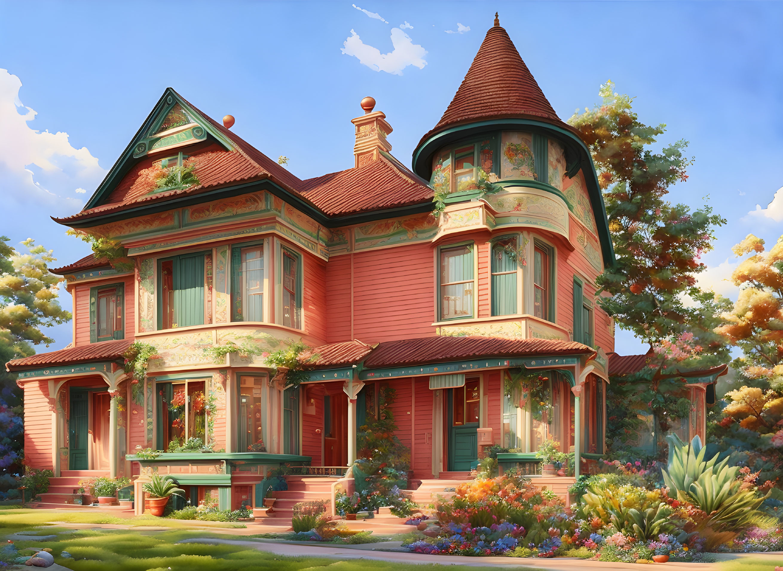 Victorian house in sunlight with lush gardens