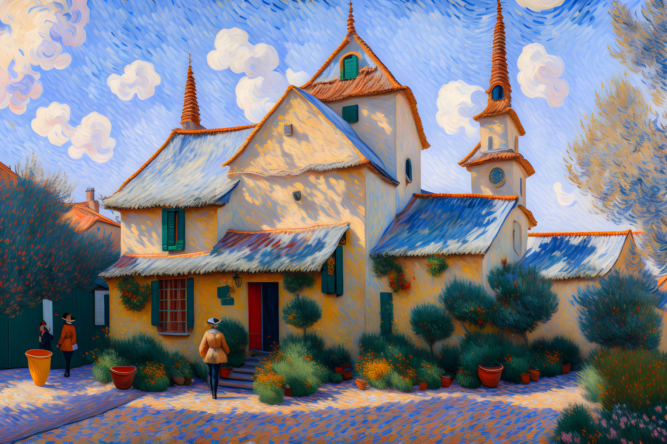 Impressionist-style painting: Old-fashioned village with church and people