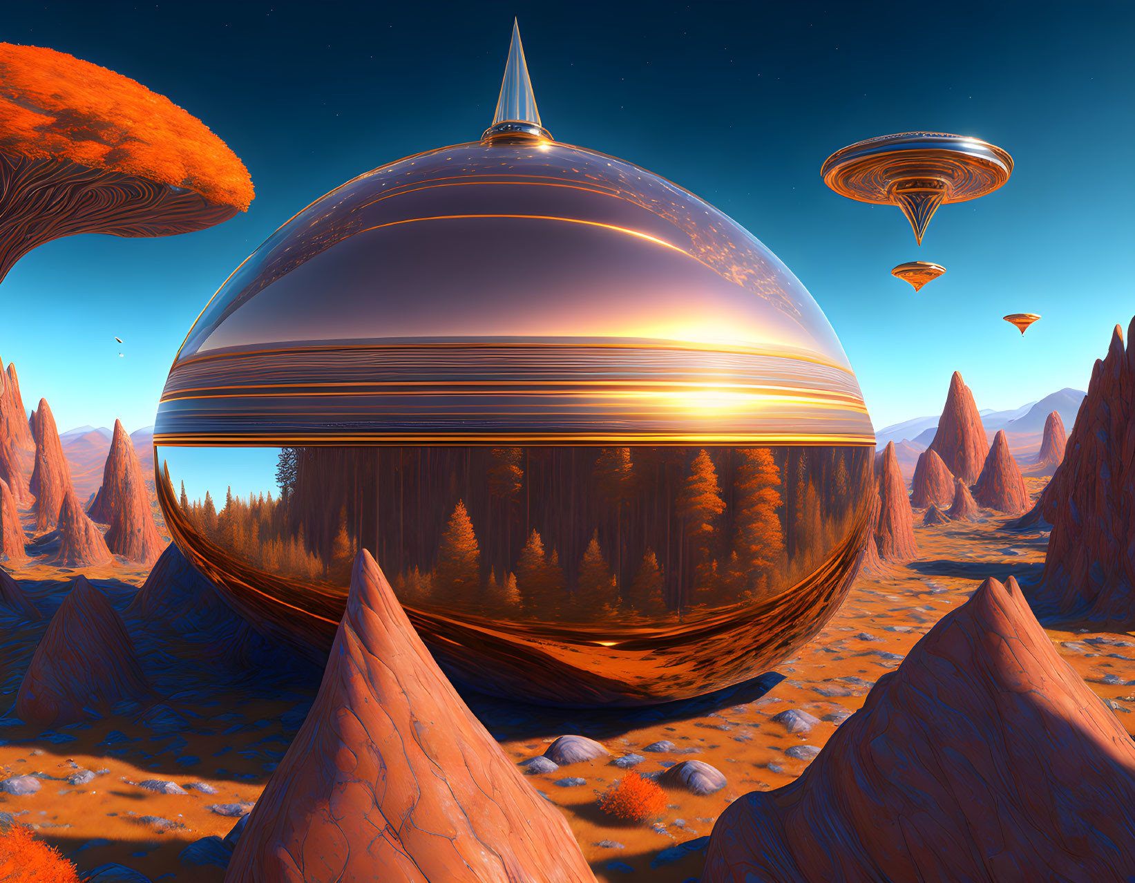 Futuristic landscape with floating spheres and alien trees among orange rock formations